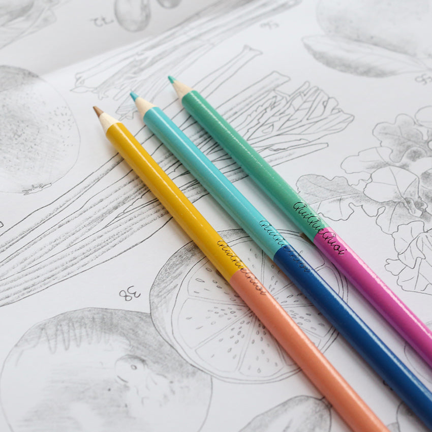 trois crayons à deux mines de couleur différente, posés sur une coloriage fruits et légumes. 